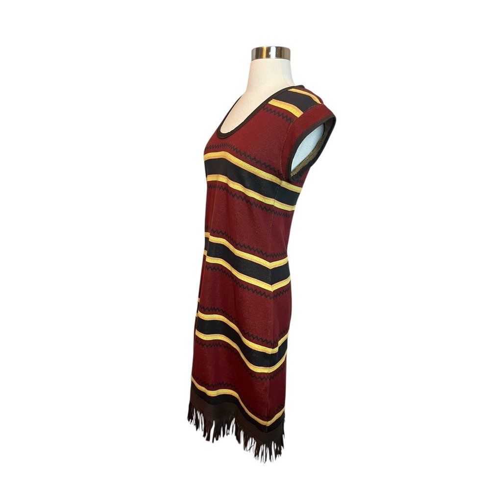 Double D Ranch Knit Dress Small Striped Maroon Scoop Neck Short Sleeve Fringed - Picture 2 of 9